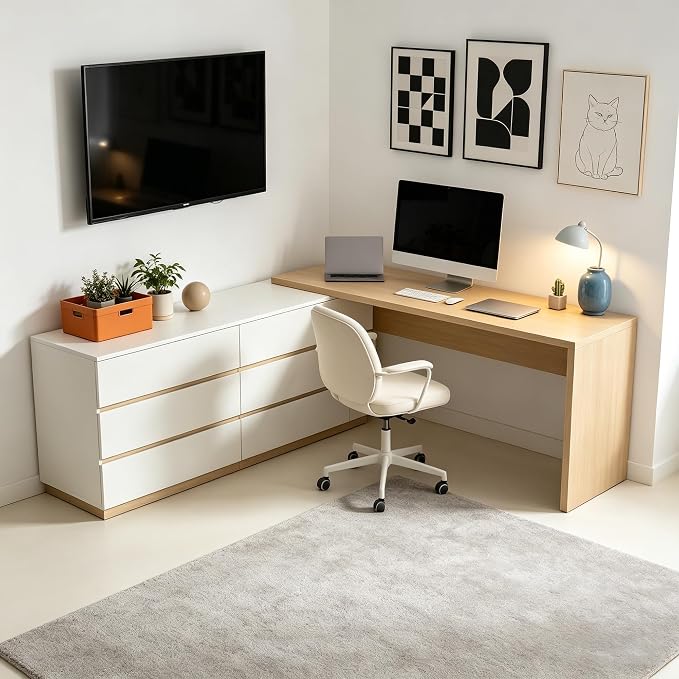 Retractable L-Corner Computer Desk with 6 Organizer Drawers for Games, Make-up, Home Office, Log