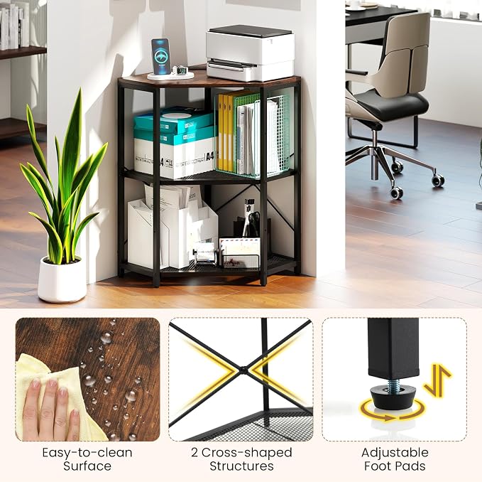 Tangkula Corner Printer Stand with Power Outlet, 3-Tier Storage Rack with Adjustable Metal Mesh Shelf, Freestanding Corner Table Computer Tower Holder for Home Office Living Room (Rustic Brown)