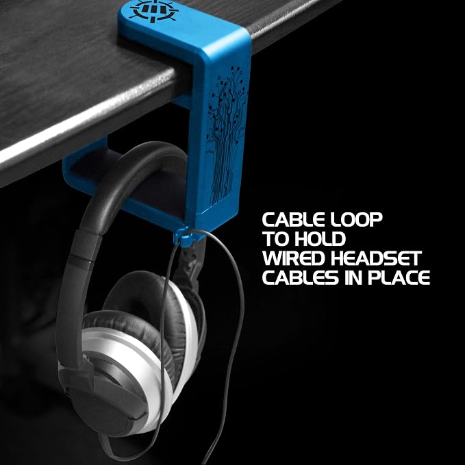 ENHANCE PC Gaming Headphone Holder - Desk Headphone Hanger Esports Headset Holder with Adjustable 360 Rotation, Under Desk Headphone Hook Clamp, Universal Fit, & Built in Cable Clip Organizer - Blue