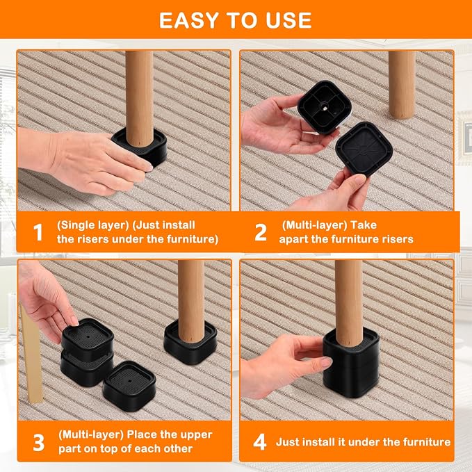 Furniture Risers Adjustable Bed Risers Heavy Duty Lifts Height 4", Square Stackable Bed Risers 1, 2, 3 or 4 Inch for Desk Leg Table Couch Sofa Chair Bed Frame Legs Dorm, 1+1+1+1 Inch, Black, 4 Pack