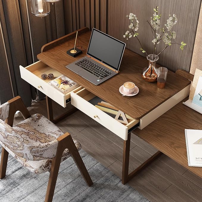 Lartis Extendable to 70" Solid Wood Desk, Storage Study Table with Side Unit, Multifunctional Workbench, Modern Office and Study Computer Desk