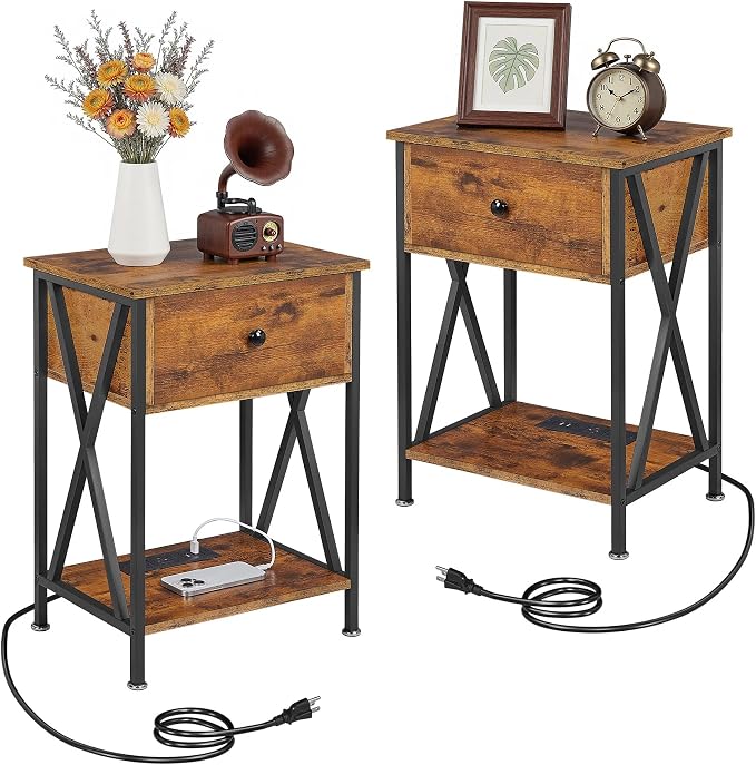 VECELO Nightstand Set of 2,End Tables with Charger Station,Bed Side Table with Open Shelf &USB Ports & Outlets,Small Dresser for Bedroom, Living Room,Rustic Brown