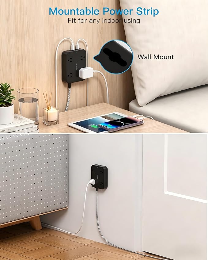HANYCONY 5 Ft Braided Extension Cord with Ultra-Thin Flat Plug, 4 Widely Spaced Outlets & 4 USB Ports (2 USB C), Non-Surge Protector Power Strip for Cruise Ship, Travel Essentials, Home Office, Black