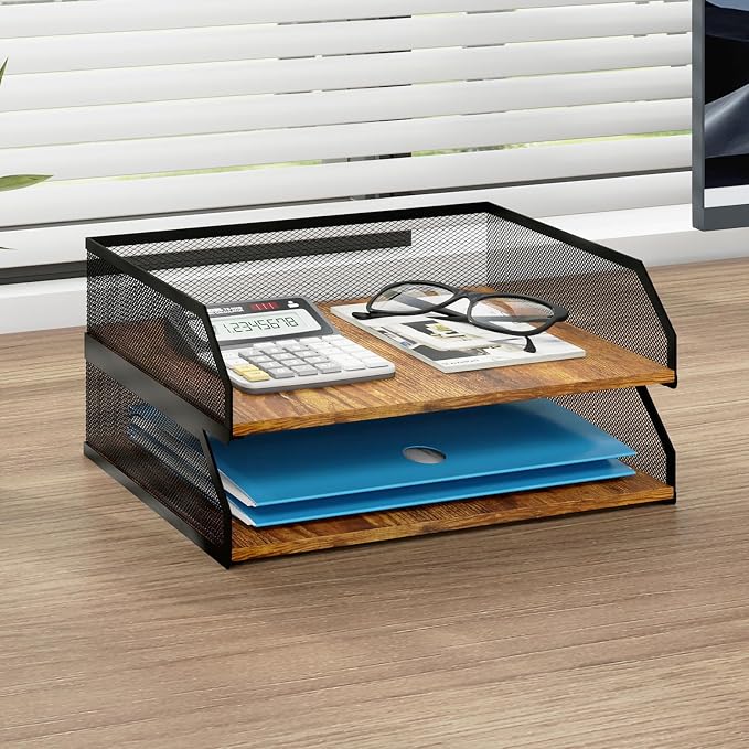 Natwind 2-Tier Stackable Paper Tray, Metal Mesh Desktop Organizer, Paper Sorter, Letter Trays, File Document Storage Rack for Home, Office, School, Retro