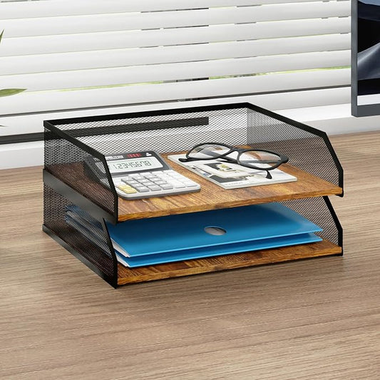 Natwind 2-Tier Stackable Paper Tray, Metal Mesh Desktop Organizer, Paper Sorter, Letter Trays, File Document Storage Rack for Home, Office, School, Retro