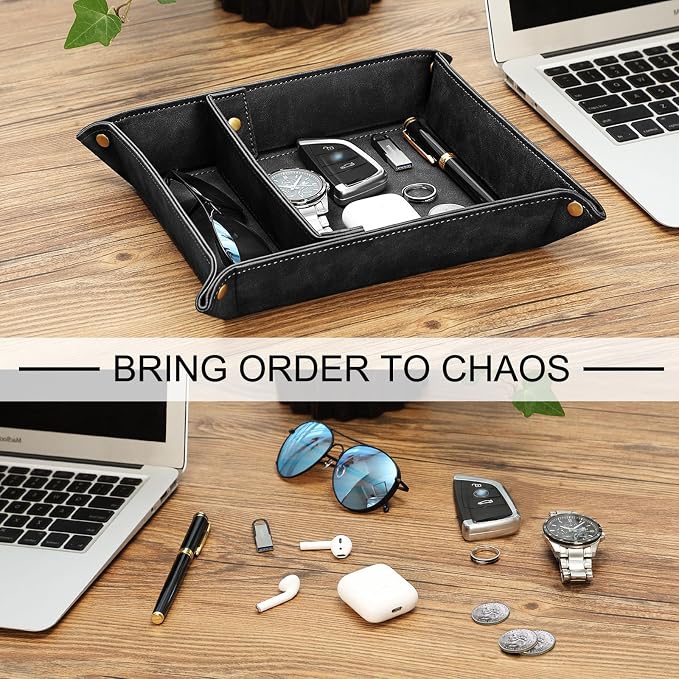 SITHON Valet Tray Desktop Storage Organizer, Removable 2 Compartments Catchall Tray Bedside Vanity Nightstand Caddy Holder Desk Storage Plate, Graduation, Black