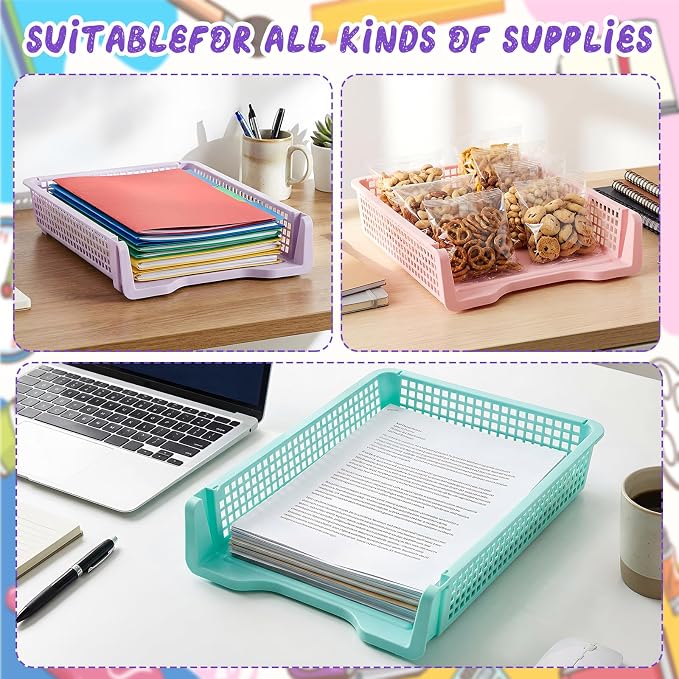 Tenceur 6 Pcs Turn in Trays Classroom, Pastel Paper Tray for Classroom Organization and Storage Stackable Plastic Book Baskets Teacher Organizers for Library Drawers Office Desk