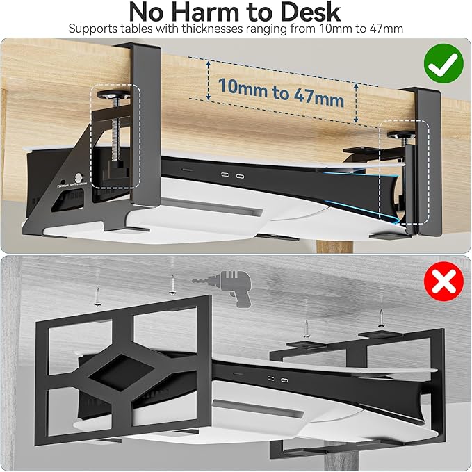 No-Drill PS5/Slim/Pro Under Desk Mount, Metal Under Desk PS 5 Mount for PS5 Slim Digital & Disc, PS 5 Holder Under Desk with Clamp, Screw and EVA Foam for PS 5/Slim/Pro Digital Console