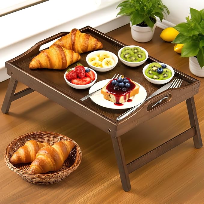 Bamboo Breakfast Tray Table with Folding Legs for Bed Table Sofa - Eating & Laptop Tray Bamboo with Folding Legs (Walnut)