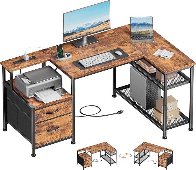 Furologee 49" L Shaped Computer Desk with Power Outlets, Reversible Home Office Desk with Fabric Drawers, File Cabinet, Printer Table, Metal Storage Shelves, Corner Desk for Small Space, Rusitc Brown
