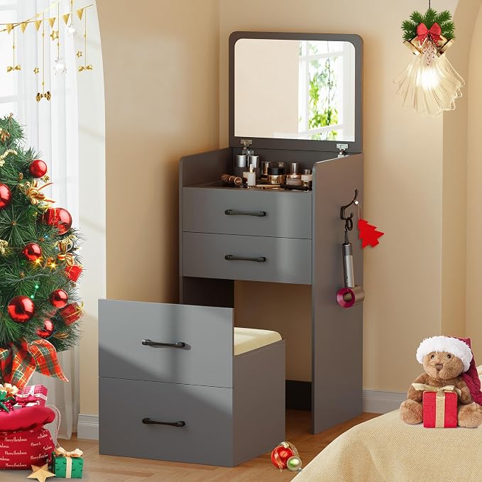 Gurexl 3 in 1 Vanity Desk with Flip Top Mirror,Small Compact Vanity with Visible Glass Desktop,Makeup Vanity Set with 3 Drawers,Cushioned Stool,Dressing Table for Bedroom,Grey