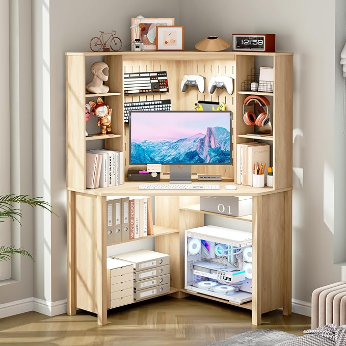 Corner Desk with Shelves-&LED Reading Light,Triangle Home Office Desk w/Charging Station for Work & Study,File Cabinet Storage Bookshelf for Small Space （Natural Wood）