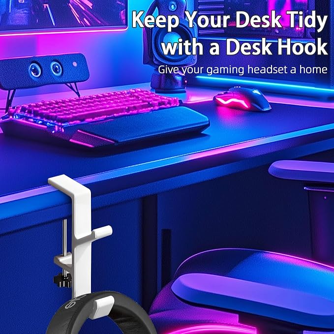Desk Mount Bag Holder Hook Clamp,On Backpack Hanger Portable Desk Mount Headphones Holder for Reduce Desk Clutter Table Desk Table Hanging Storage (2 Pcs-Double Hook White)