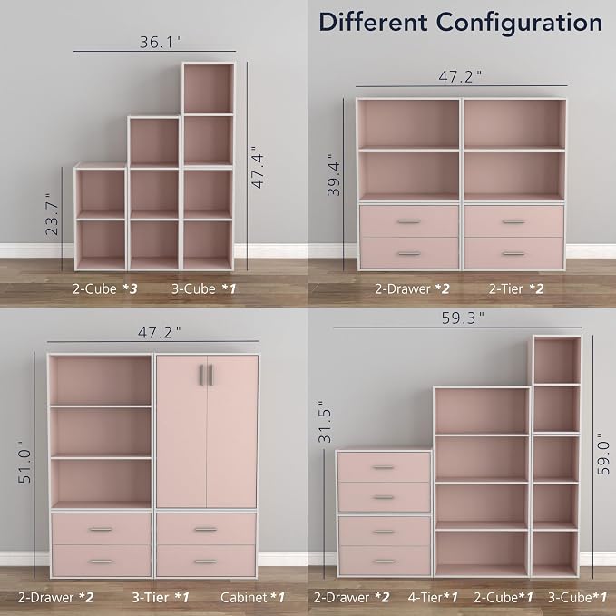 Homes: Inside + Out Apexa 2-Cube Storage Organizer Shelves, Stackable Wood Bookcase Fits Cubby Bins for Organization, Dorm Teen Room Decor & Home Office, Light Pink