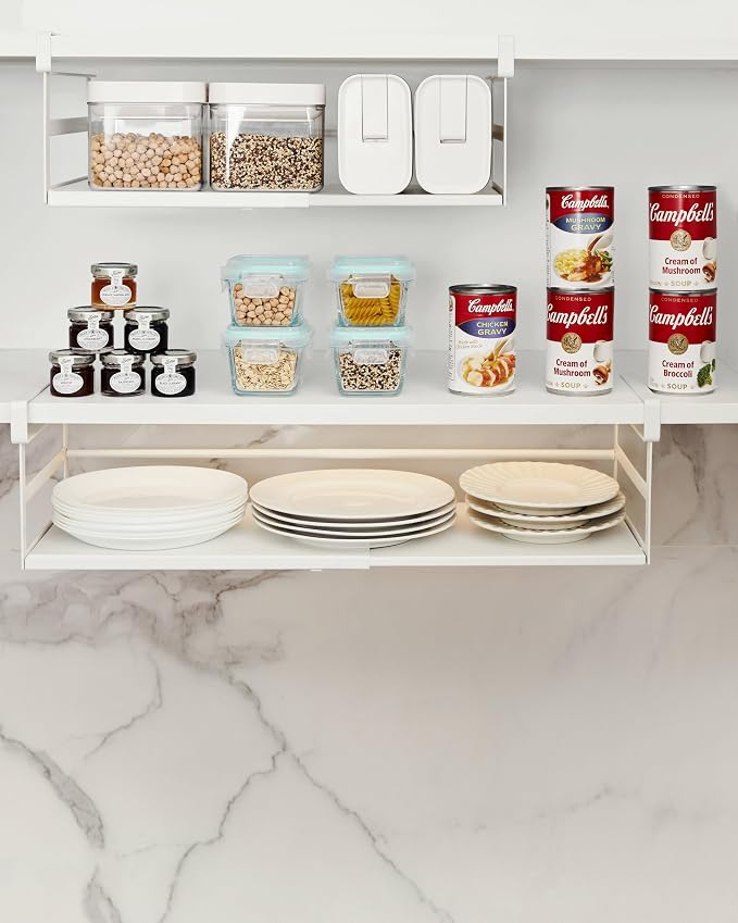 Under Shelf Storage Basket, 2-Pack Under Cabinet Shelf Organizer | Expandable Hanging Basket Holds 35 lbs Add-On Kitchen Pantry Cupboard Counter Laundry 13.19-23.03" W x 7.2" D x 5.12" H