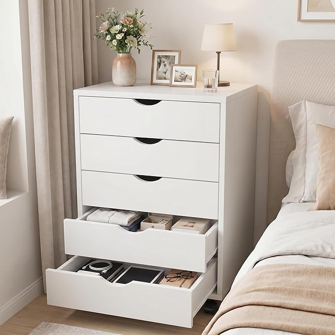 5 Drawer Mobile File Cabinet Under Desk Storage Organization with Wheels Vertical Filing Chest Rolling Wood Small Desk Printer Stand for Home Office, White