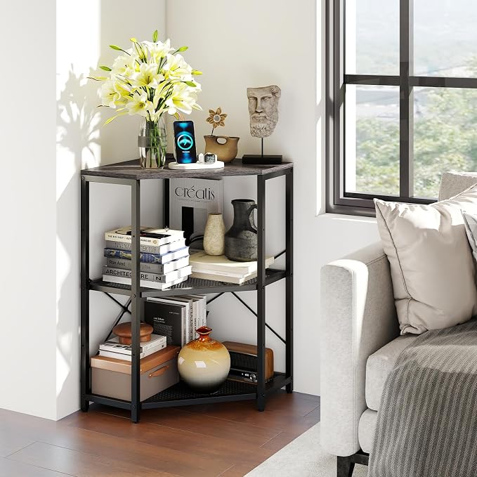 Tangkula Corner Printer Stand with Power Outlet, 3-Tier Storage Rack with Adjustable Metal Mesh Shelf, Freestanding Corner Table Computer Tower Holder for Home Office Living Room (Grey & Black)