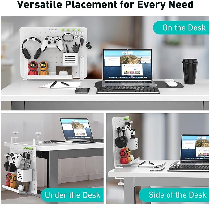Clamp-on Desk Pegboard – Steel No Drill Desktop Organizer Panel with Gaming Controller Holder, Headphone Hook, and Storage Shelf – Vertical Mount for Office and Home Setup(White