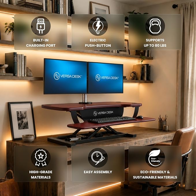 VERSADESK PowerPro 36 Inch Electric Standing Desk Converter – Push-Button Height Adjustable Sit to Stand Desk Riser for Dual Monitors & Laptop – Motorized Desktop Workstation with Wide Keyboard Tray