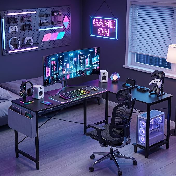 Alpen L Shaped Desk, 50 Inch Computer Desk, Gaming Table Corner Desk for Small Space, Home Office Desk with CPU Stand and Side Storage Bag, Sturdy Writing Workstation for Bedroom, Black