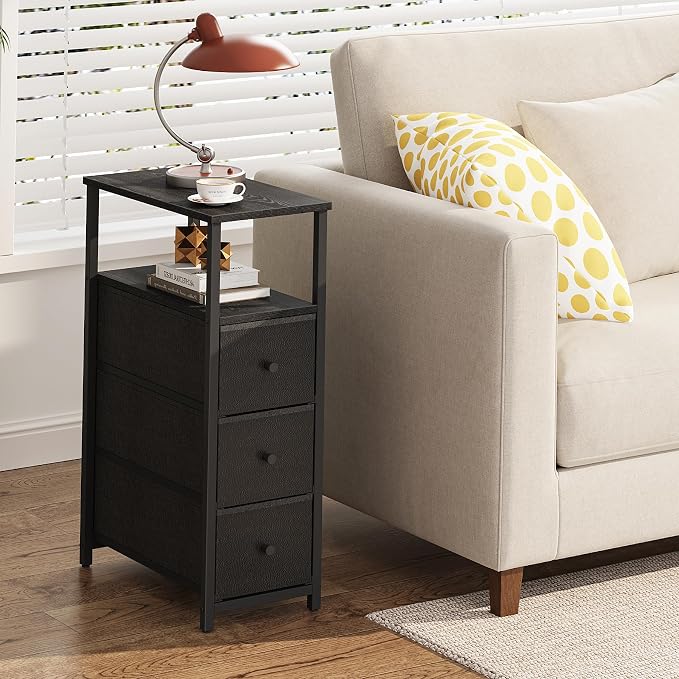 TUTOTAK Narrow Night Stand, Slim End Table, Tall Side Table with 3 Fabric Drawer, Small Bedside Table with Storage, Set of 2, for Living Room, Bedroom, Black TB01BK072