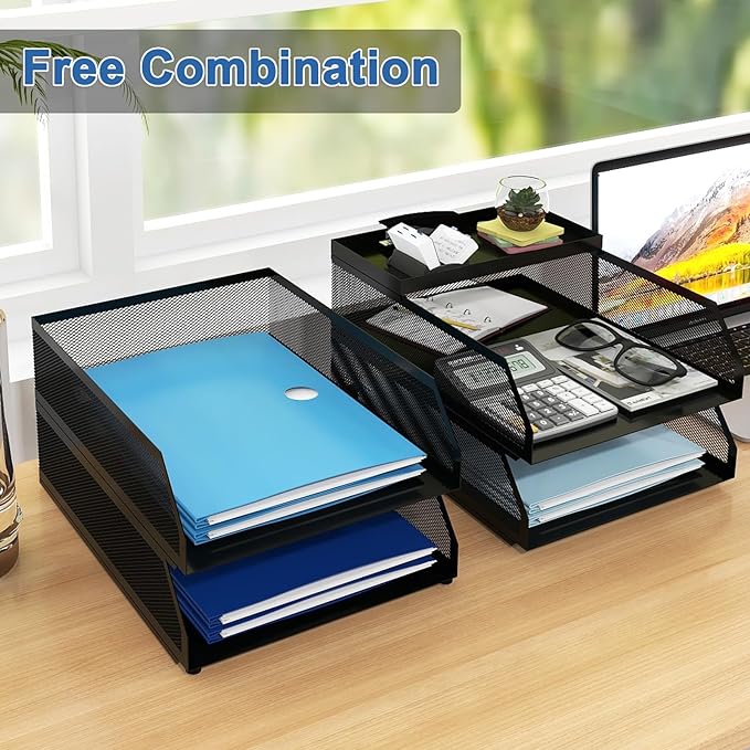 Natwind 4-Tier Paper Organizers,Desk Organizer,Stackable Paper Tray, Desk Accessories,Metal Mesh Desktop Organizer,Letter Trays,File Document Storage Rack for for Home, Office, School (Black)
