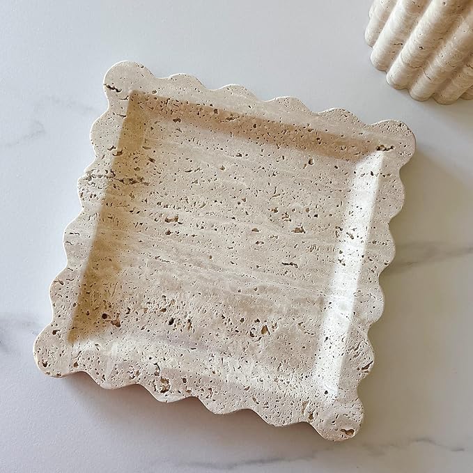 Vintage Natural Marble Tray Small Ornaments Scalloped Tray Handmade Storage Dish for Counter, Vanity, Dresser, Nightstand and Desk (Beige Travertine)