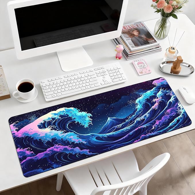 Gaming Desk Mat with Silky Smooth Surface & Exquisite Patterns,31.5x11.8 Inches Large-Sized Mouse Pad, Perfect for Extended Gaming,Work,and Home Office Decor (Japanese Waves 2)