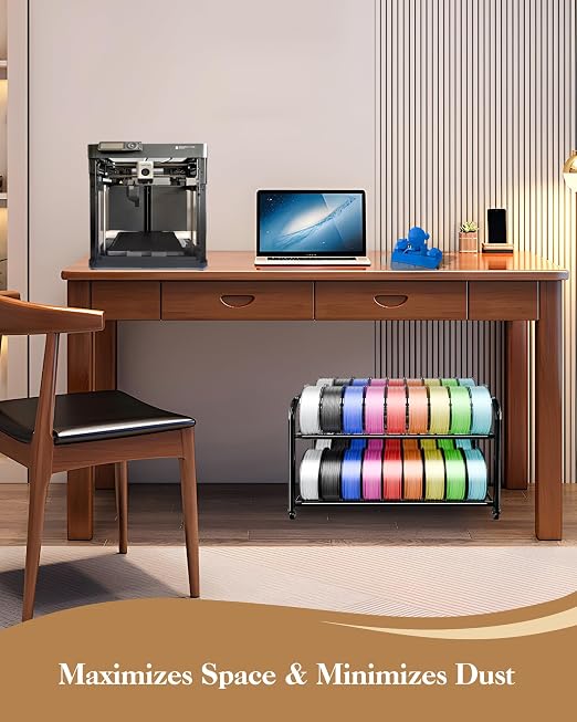 2-Tier Under Desk Filament Storage Rack, 3D Filament Storage Rolling Cart Holds 40+ 3D Printer Filament, Adjustable Filaments Rack for 250g-1KG Spools, Perfect for 3D Printing Studio, Office Workshop