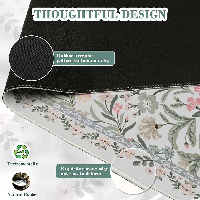 iCasso Aesthetic Floral Desk Mat, L Mouse Pads, Anti-Slip Mousepad with Stitched Edges, Waterproof Computer Pad 11.8"x31.5", Desk Accessories Office Decor for Women(Gray Floral)