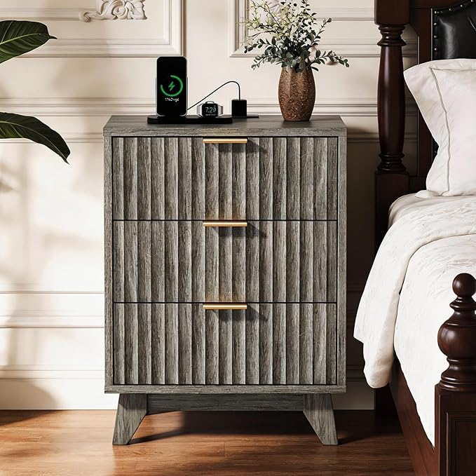 VINGLI Gray Nightstands Set of 2 with Charging Station, Fluted Nightstand 3 Drawers Grey Night Stand for Bedroom, Fluted Grey Bedside Table/End Table/Side Table, 17.72" W*13.78" D*23.62" H, 2 pcs