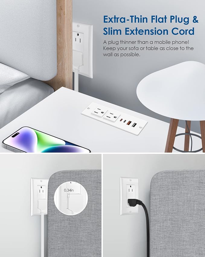 Recessed Power Strip 30W USB C,Furniture Flush Mount Desk Outlet,2 Outlets 4 USB Ports,Recessed Outlet for Side Table/Sofa Table,Ultra Thin Flat Plug Power Strip,3FT Cord (White)