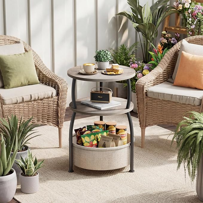 Small Side Table with Storage, 15.75in Round End Table with Basket, USB Port and Outlet, 3 Tiers Sofa Couch Table Bedside Table for Living Room Bedroom, Small Spaces, Greuge