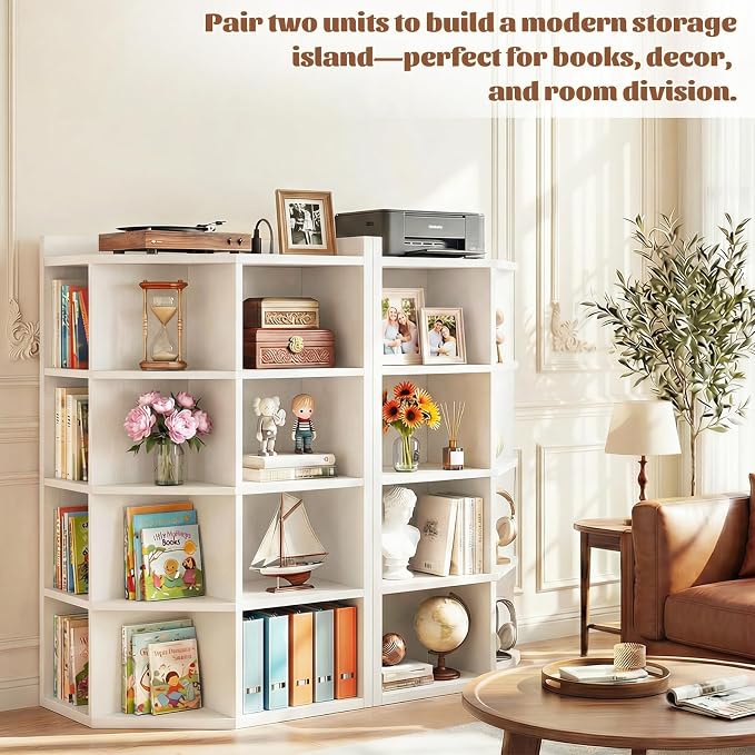 Aheaplus 5-Tier Corner Cube Bookshelf with Power Outlets, Wooden Corner Storage Cabinet with 12 Cubes, Corner Cube Organizer Shelf with Top Table, L Shaped Cubby Bookcase for Home Office, White