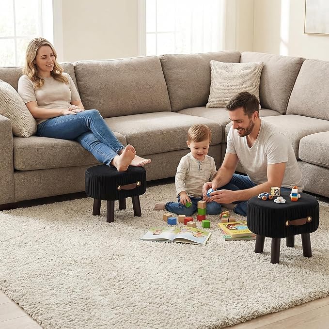 Foot Stools Ottoman with Handle Small Foot Stool Footrest Ottomon | Velvet Footstool Ottoman with Padded Seat, Curved Foot Rest Stool with Wooden Legs for Living Room, Entrywa（Black）