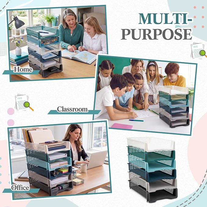 Geetery Set of 6 Plastic Trays for Teachers Turn in Trays Classroom Stackable Paper Tray Plastic Classroom Teachers Desk Letter Organizer Storage Baskets for Office, Desk, Home (Morandi Color)