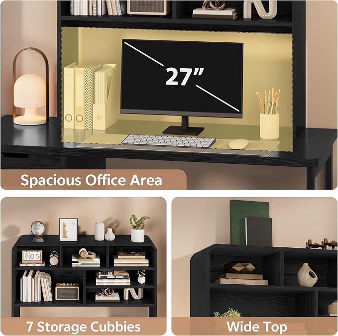 5-Tier Desk Shelf, 37.4''W Desktop Bookshelf for Computer Monitor, Desktop Organizer Shelf Storage Rack with 6 Cubbies, 5-Level Desk Hutch Display Rack for Home, Office, Dorm, Vanity, Black