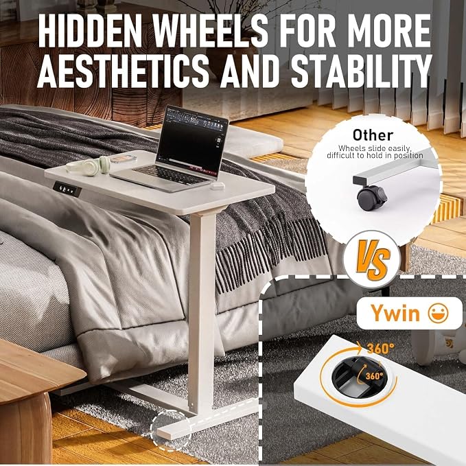 Ywin Electric Overbed Table with Wheels, Automatic Height Adjustable Rolling Desk with Silent Motor, 2 Memory Presets & LED Display, Mobile Laptop Cart for Bed, Couch, Home Office, and Hospital Use