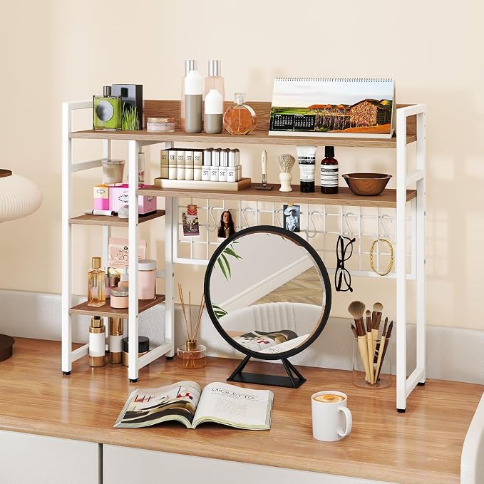 Giantex Desktop Bookshelf, 37" Desk Shelf for Up to 32" Computer Monitor, 4 Tier Desktop Display Shelves w/Grid Panel, 6 Movable Hooks, Anti-tip Device, Desk Hutch for Home Office Dorm (Natural)