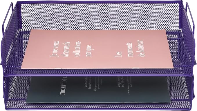 EASEPRES 2 Pack Stackable Desk Paper Tray, Metal Mesh Desktop Document Letter File Organizer for Office Home School, 13.5'' L x 9.75'' W x 5.5'' H, Purple