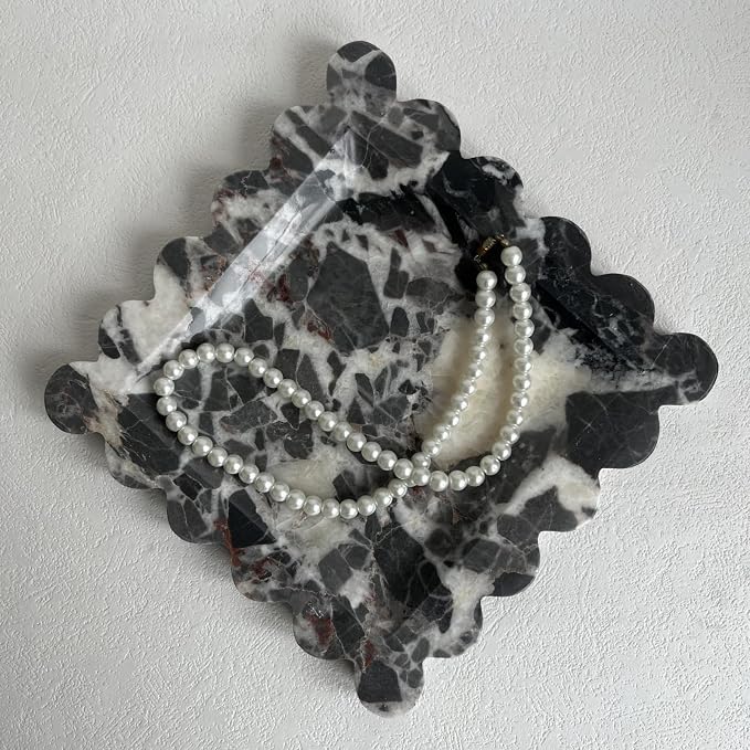 Vintage Natural Marble Tray Small Ornaments Scalloped Tray Handmade Storage Dish for Counter, Vanity, Dresser, Nightstand and Desk (Black White Brown)