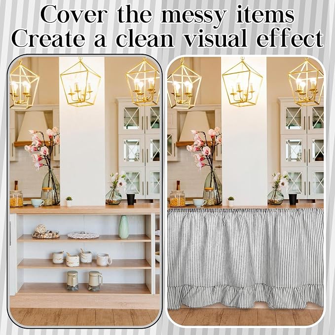 VitalCozy Cabinet Curtain 28" W x 51" L Grey Ruffles Sink Skirt for Bathroom Kitchen Grey Strips Short Curtain for Home Classroom Drape Under Desk Privacy Drape for Laundry Room