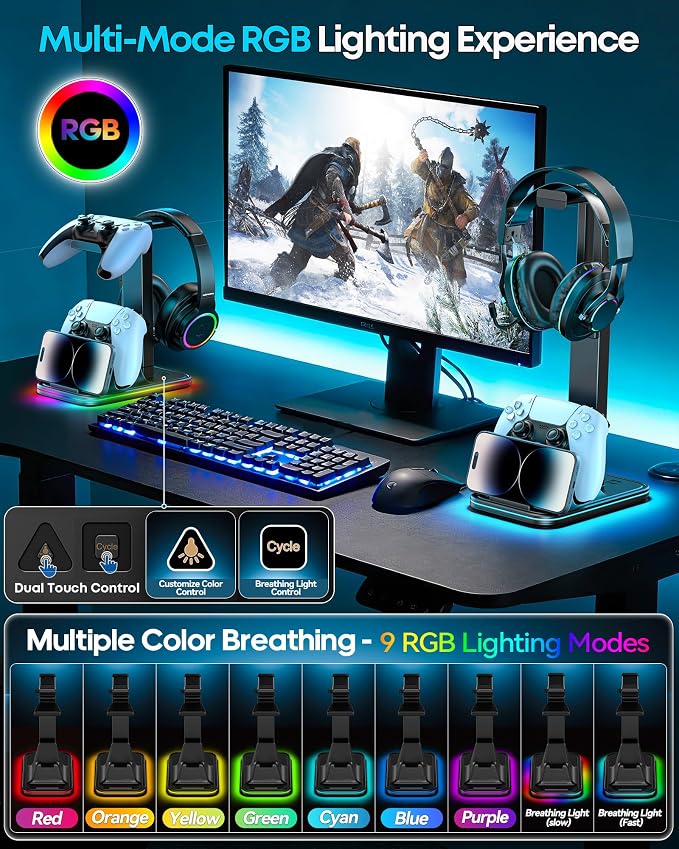 Gaming Headset & Controller Stand, Rotating Headphone Storage with 2 Controllers & Phone Holder, 9 RGB Modes Game Desk Storage for PS5/PS4/XBOX PC Gamer Essentials Organizer Gift Accessories