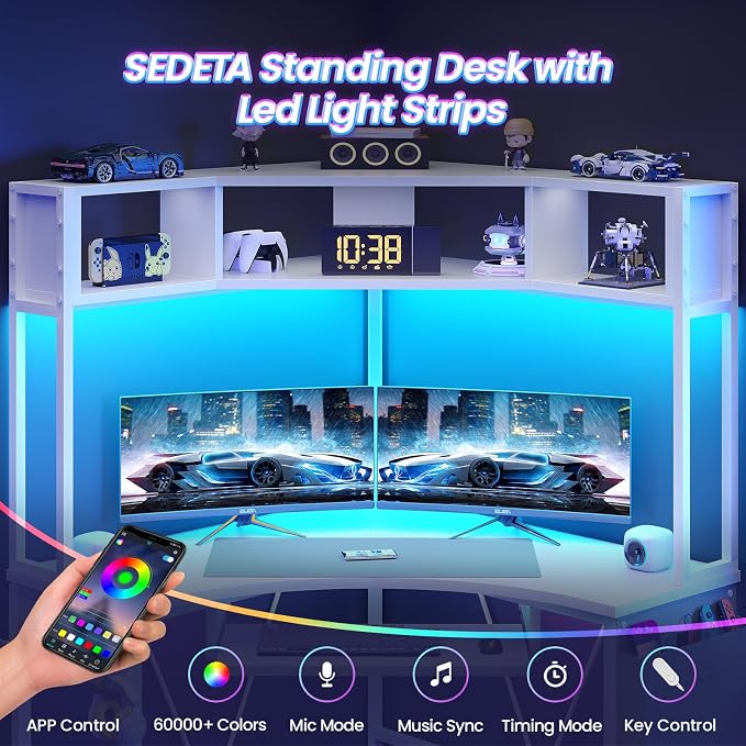 SEDETA Corner Desk, 39" W x 62" H Small Office Desk with Hutch & LED Lights, Triangle Gaming Computer Desk with Keyboard Tray, Storage Bag, and Headphone Hook for Small Space, White