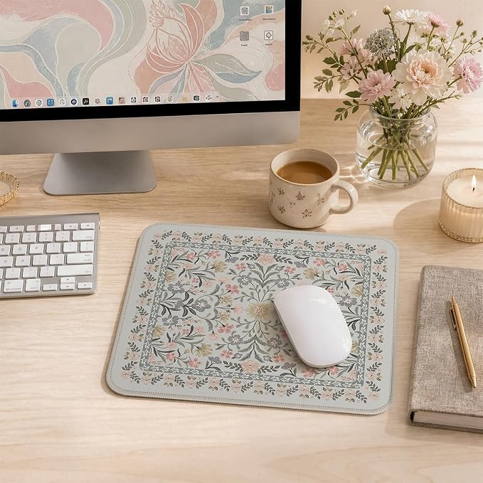 iCasso Aesthetic Small Floral Mouse Pad, Mini Portable Travel Mousepad, Anti-Slip and Comfortable Cloth Mouse Mat 7.9"x9.5" with Stitched Edges for Computer, Laptop, Office, Home(Gray Floral)