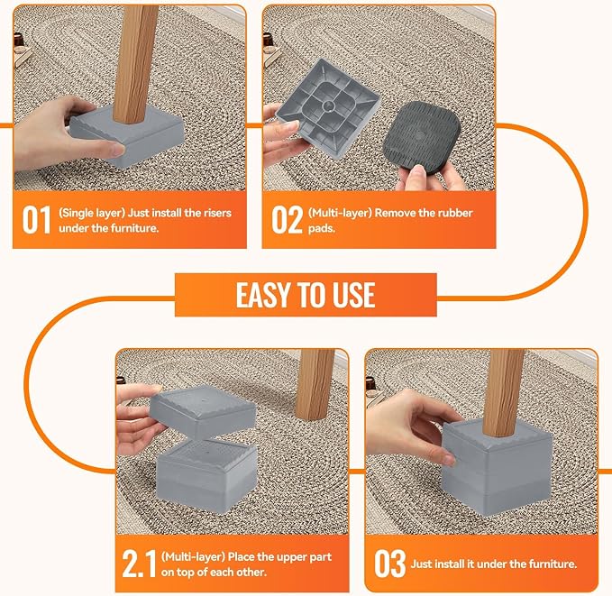 shouwuhho Furniture Risers, 4 Pack Bed Risers with Non-Slip Grip and Heavy Duty Support, 1 Inch 2 Inch 3 Inch 4 Inch Height Lift for Couch, Sofa, Table, Desk, Chair, Refrigerator - Gray, 1+1 Inch