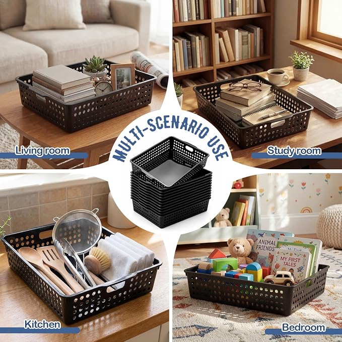 Geetery 6 Pack Classroom Storage Baskets with Handle 14''x10'' Paper Tray Holds A4 Turn in Trays Plastic Paper Baskets Desk Organizer Bin for Classroom, Library, Office, Home (Black)