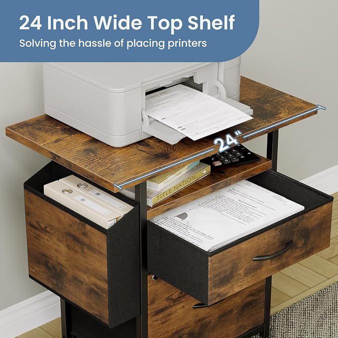 DUMOS 2 Drawer Mobile File Cabinet, Rolling Printer Stand with 24'' Wide Desktop, Fabric Drawer Cabinet Under Desk Fits A4/Letter Size, Printer Cart with Storage Side Bag for Home Office, Rustic Brown