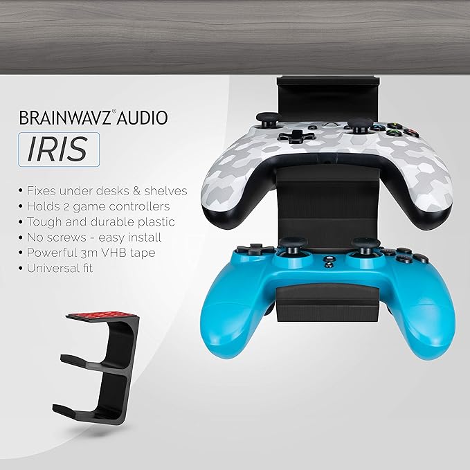 The IRIS - Under Desk Dual Universal Game Controller Mount Holder Hanger for XBOX ONE, SERIES X, PS5, PS4, PS3, SWITCH, STEELSERIES Gamepad & More, No Screws by Brainwavz