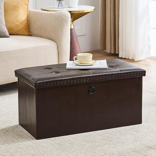 oakvivo 30 Inches Folding Storage Ottoman Bench, Ottoman PU Leather Tuffed End of Bed Bench, Foot Rest with Rivet Design, Ottoman with Storage for Living Room, Bedroom, Entryway, Coffee Brown